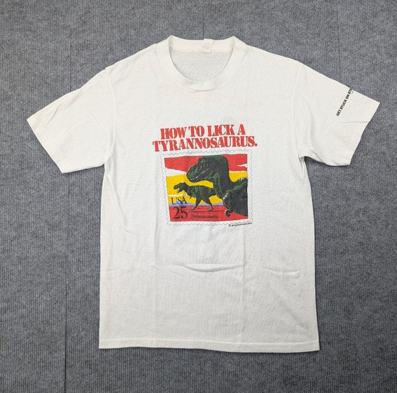 Vintage USPS Stamp Stuff Shirt Mens Large Lick A Dinosaur Retro Novelty Graphic